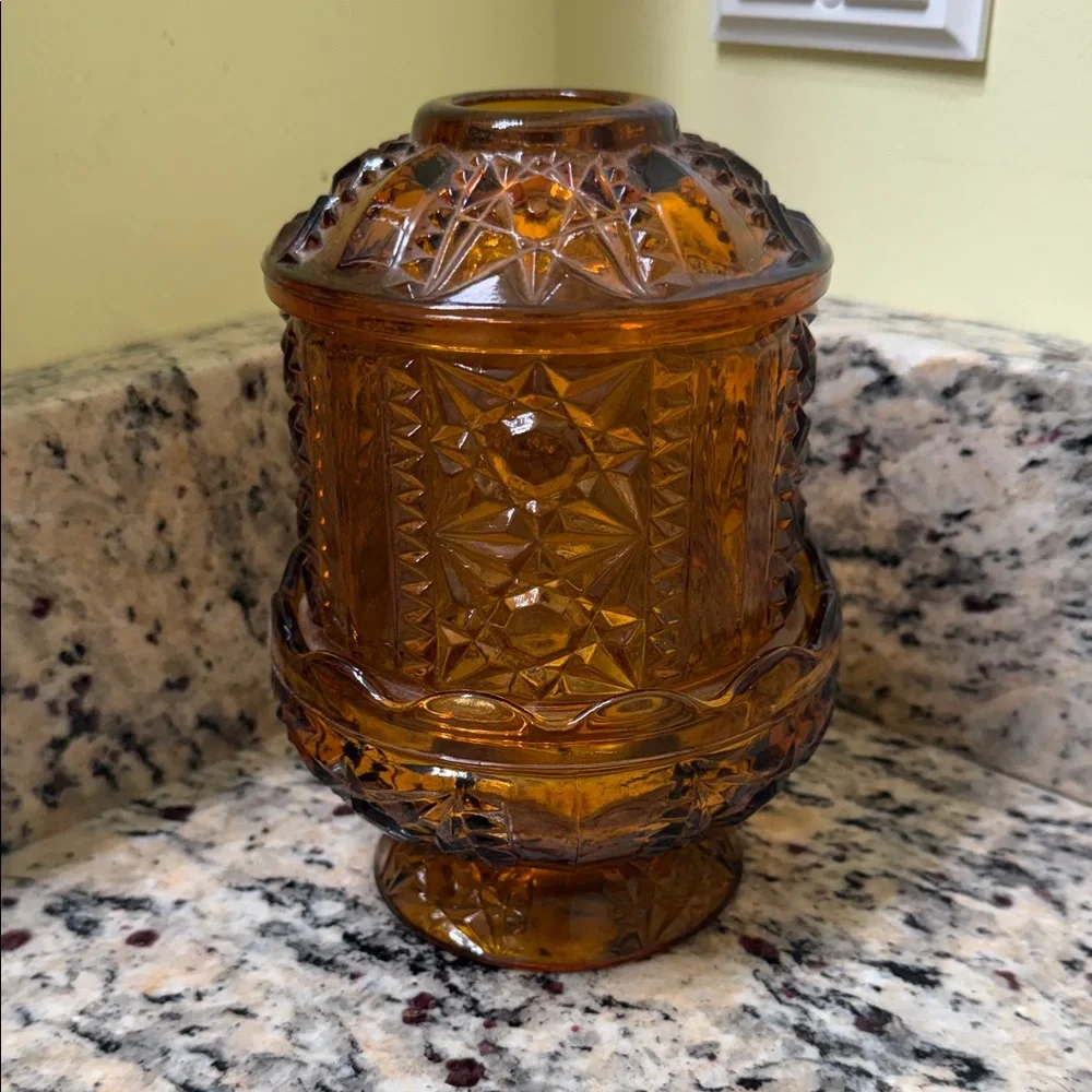 Vintage Indiana Glass Amber Fairy Lamp Stars and Bars - Picture 1 of 4